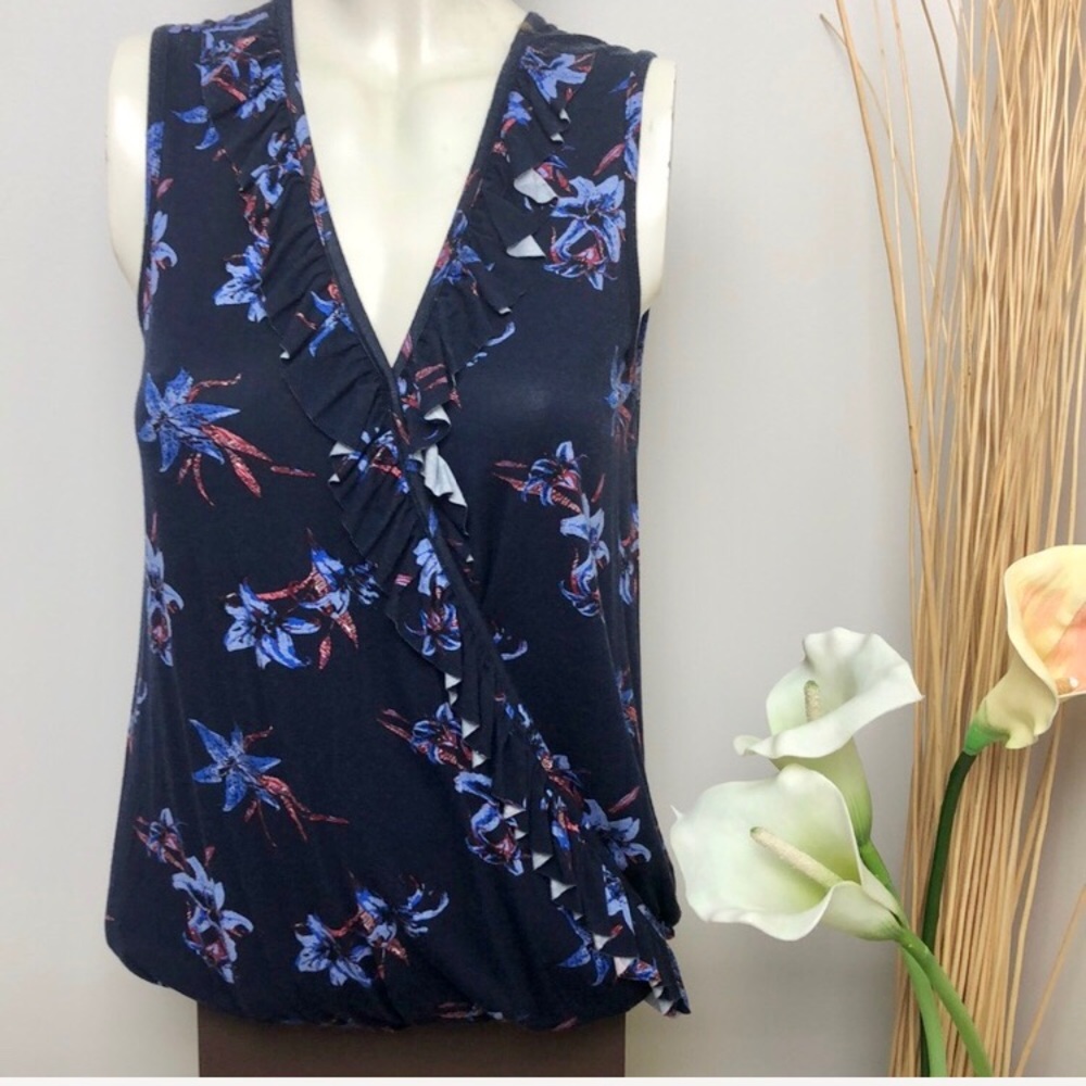 Alkamy Blue Floral Sleeveless Ruffle Top Size S